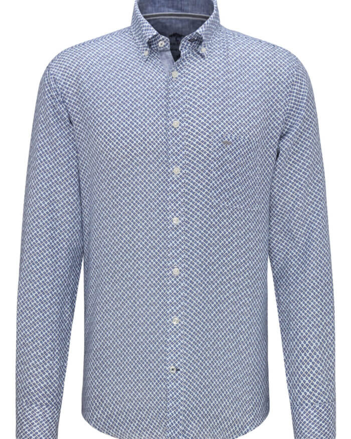 Fynch Hatton Linen Blue Print Long Sleeve Shirt | Davids Of Haslemere