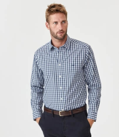 R M Williams Collins check shirt on model