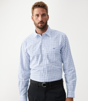 R M Williams Collins large check shirt on model