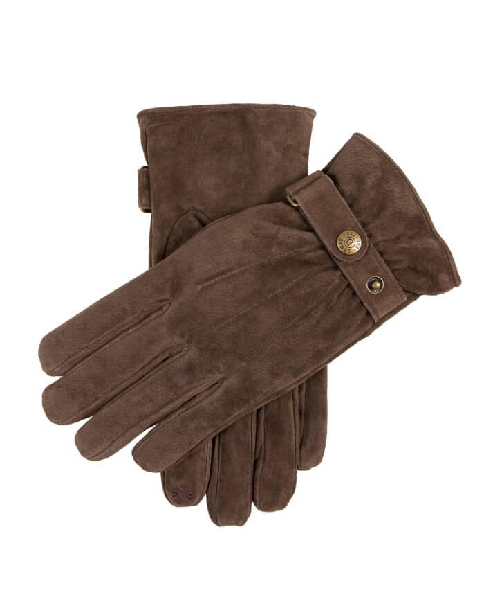 Brown gloves with gold buttons