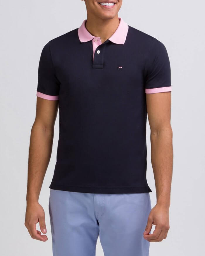 Eden Park navy polo with pink trim on model