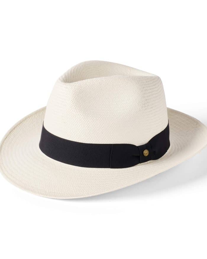 The Failsworth Snap Brim Panama hat is shown in white with a wide brim and a black crown band, set against a plain white background.