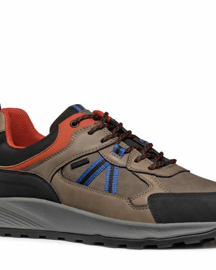 A brown and black hiking shoe with red and blue accents, featuring a rugged sole and durable design suitable for outdoor activities.