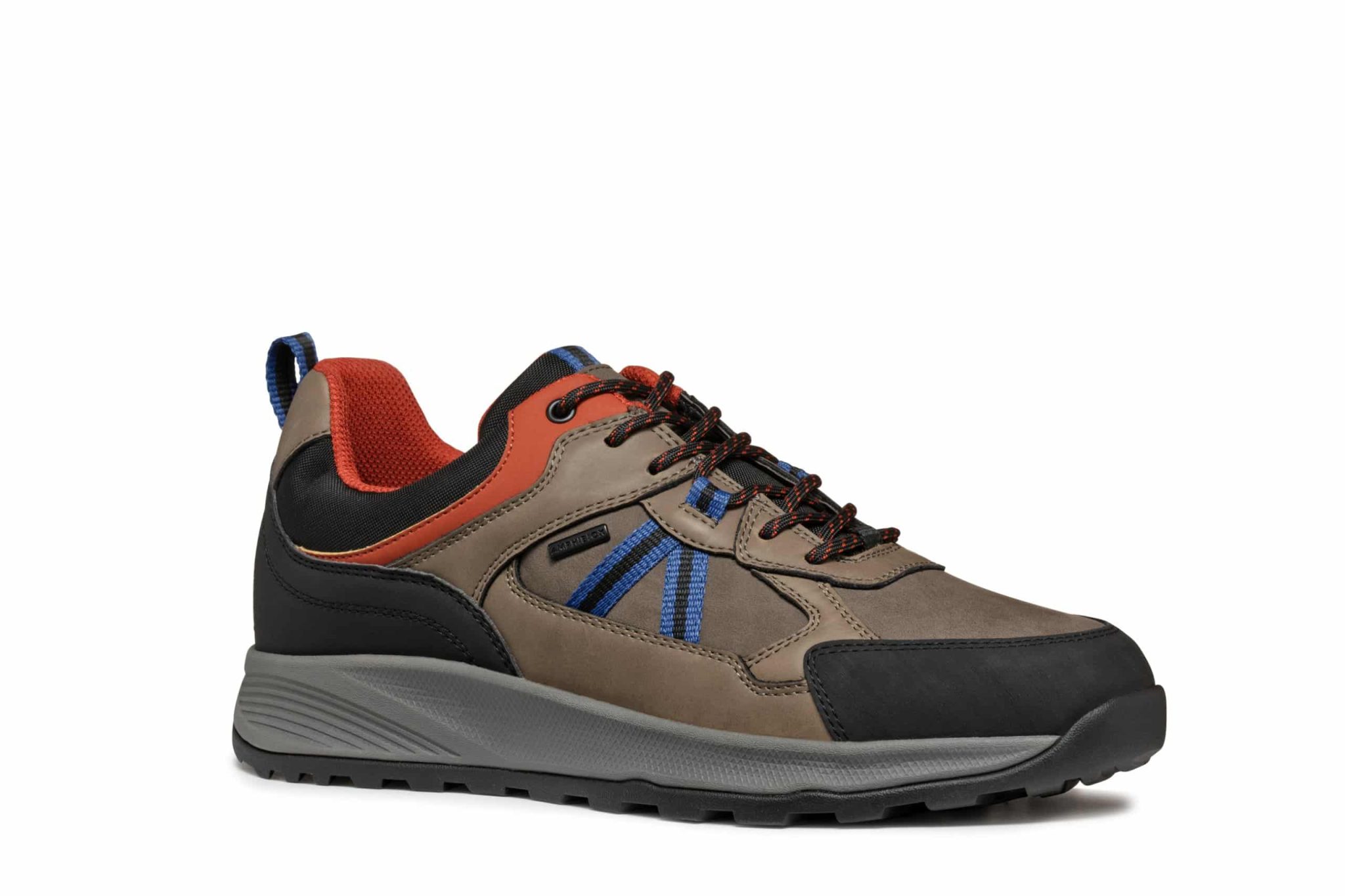 A brown and black hiking shoe with red and blue accents, featuring a rugged sole and durable design suitable for outdoor activities.