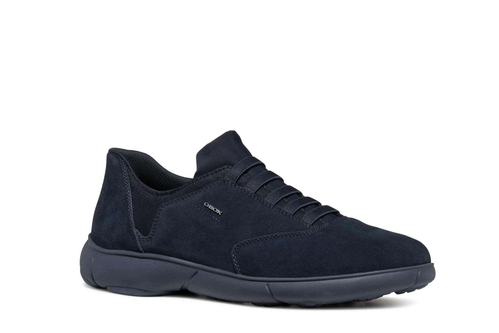 A dark blue suede sneaker with a rubber sole and elastic laces, suitable for casual or athletic wear.