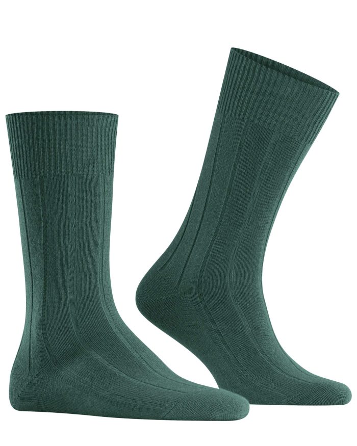 A pair of dark green ribbed crew socks with reinforced toes and heels, displayed upright against a white background.