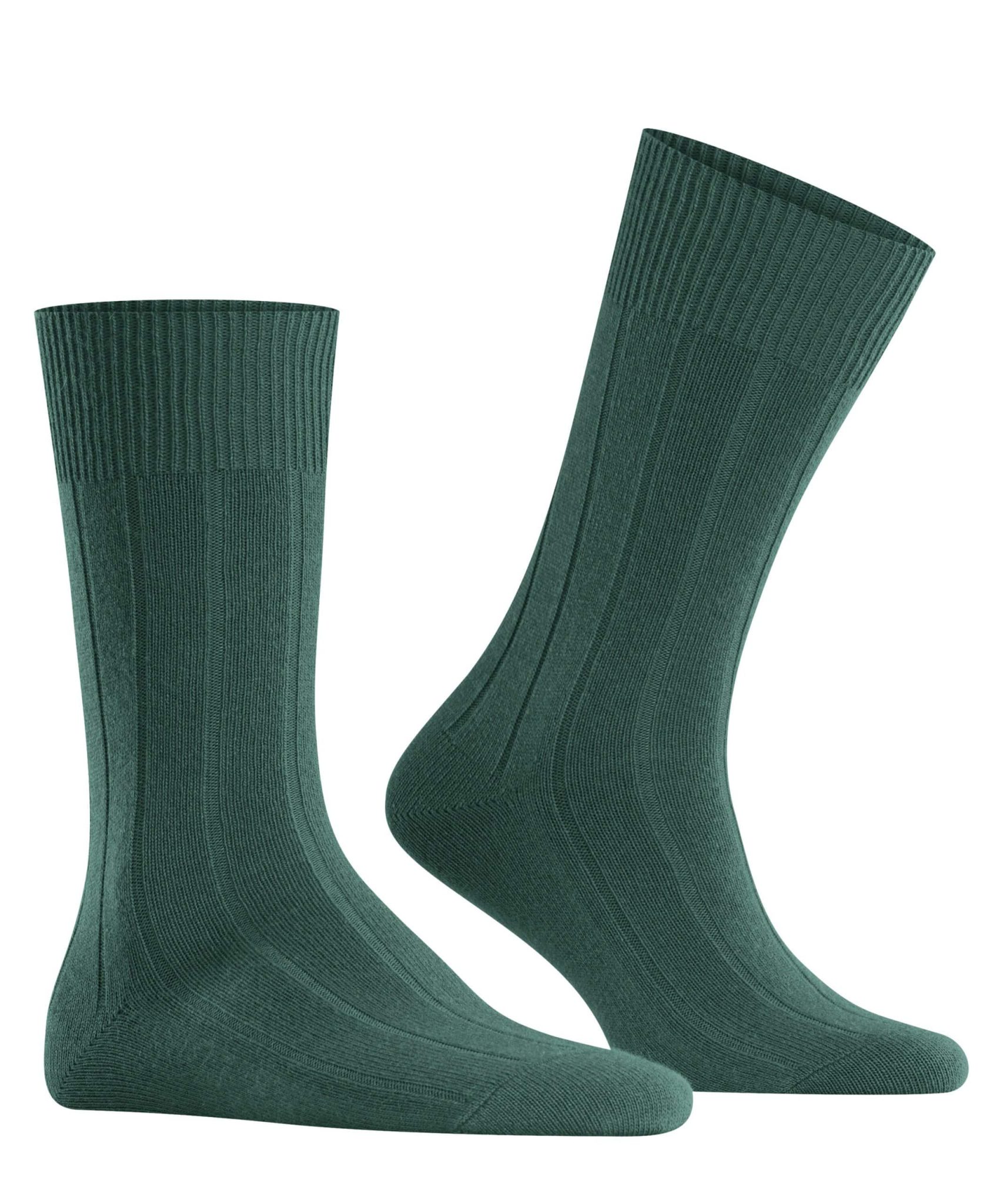 A pair of dark green ribbed crew socks with reinforced toes and heels, displayed upright against a white background.