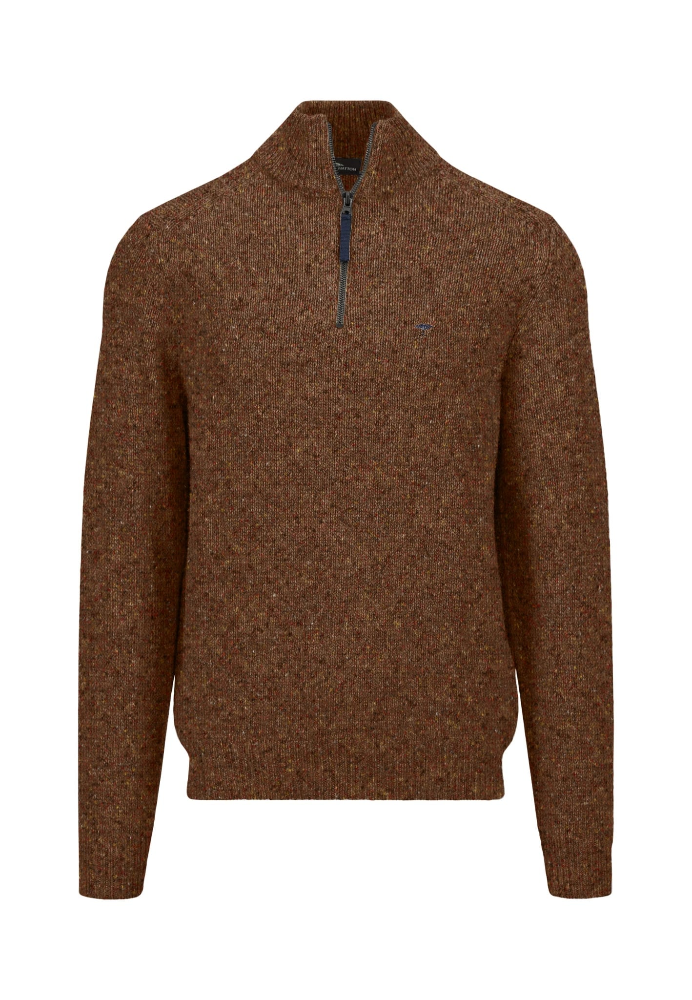 A brown, long-sleeved sweater with a half-zip collar. The fabric appears to be knitted, creating a textured appearance. The zipper is dark, contrasting the warm color of the sweater.