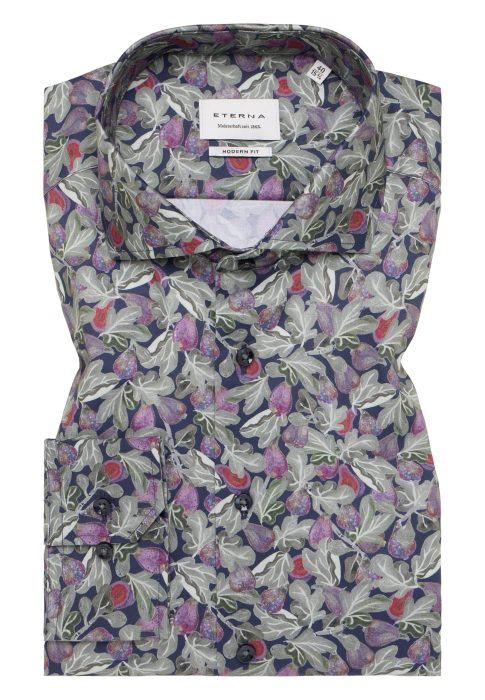 A folded shirt with a detailed floral pattern, featuring shades of purple, green, and gray. The label reads ETERNA. The shirt has a button-down collar and is neatly arranged to display the pattern and design.