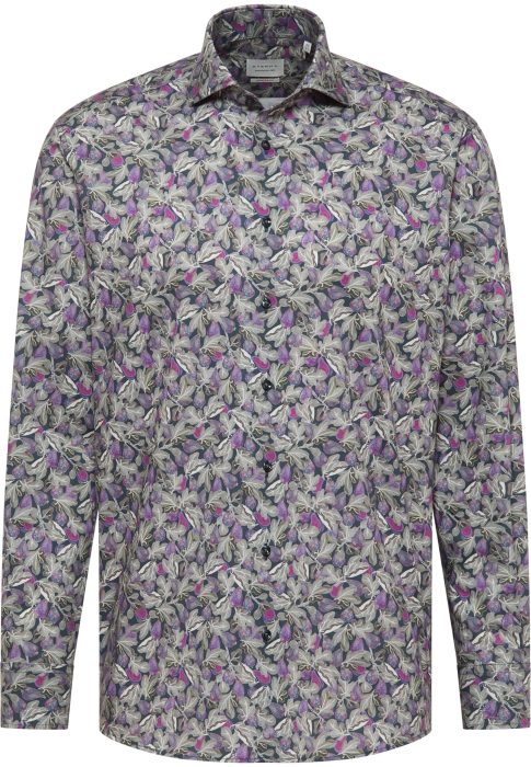 A long-sleeve button-up shirt with a floral pattern in shades of green, purple, and pink. The shirt has a folded collar and a tailored fit.