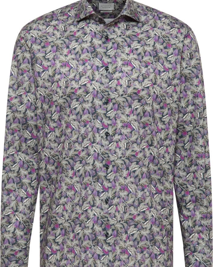 A long-sleeve button-up shirt with a floral pattern in shades of green, purple, and pink. The shirt has a folded collar and a tailored fit.