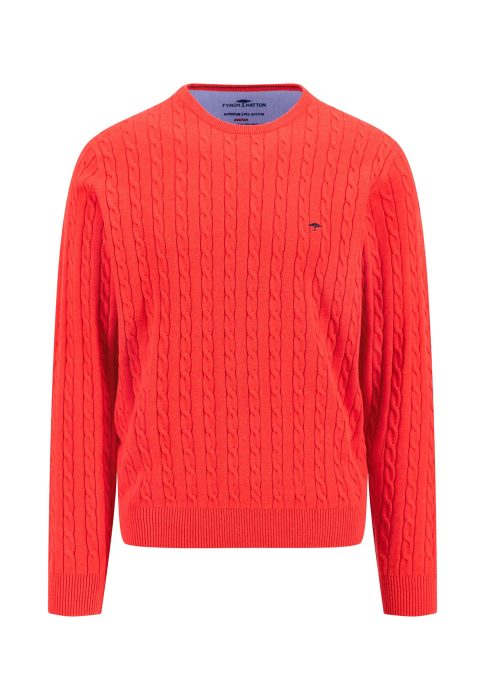 A vibrant orange cable-knit sweater with a round neckline. It features a small embroidered logo on the left chest. The sweater has ribbed cuffs and hem, offering a cozy and stylish appearance.