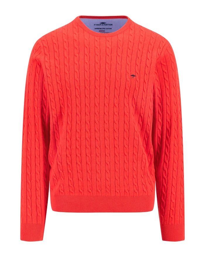 A vibrant orange cable-knit sweater with a round neckline. It features a small embroidered logo on the left chest. The sweater has ribbed cuffs and hem, offering a cozy and stylish appearance.