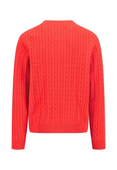 A vibrant orange cable-knit sweater with long sleeves and ribbed cuffs and hem, displayed from the back. The texture features a classic twisted cable pattern.