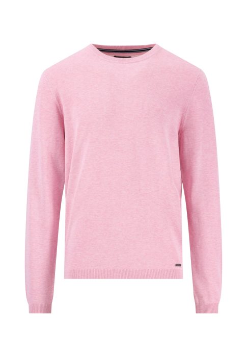 A light pink long-sleeve sweater with a round neckline and ribbed cuffs. The sweater is plain with a subtle texture, suitable for casual wear.