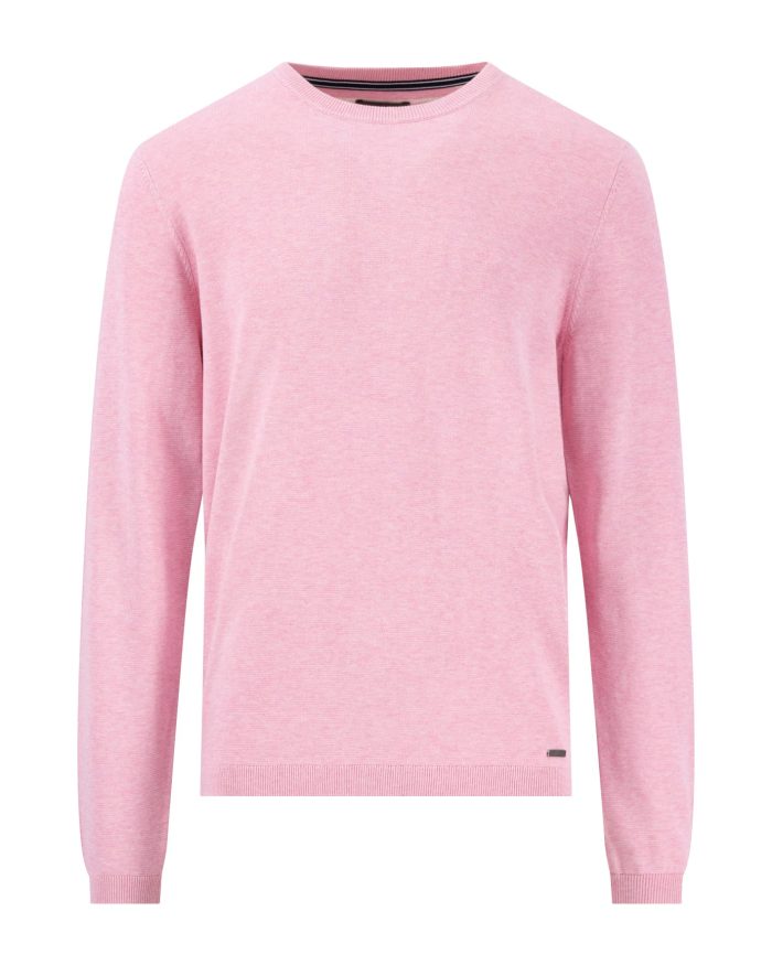 A light pink long-sleeve sweater with a round neckline and ribbed cuffs. The sweater is plain with a subtle texture, suitable for casual wear.