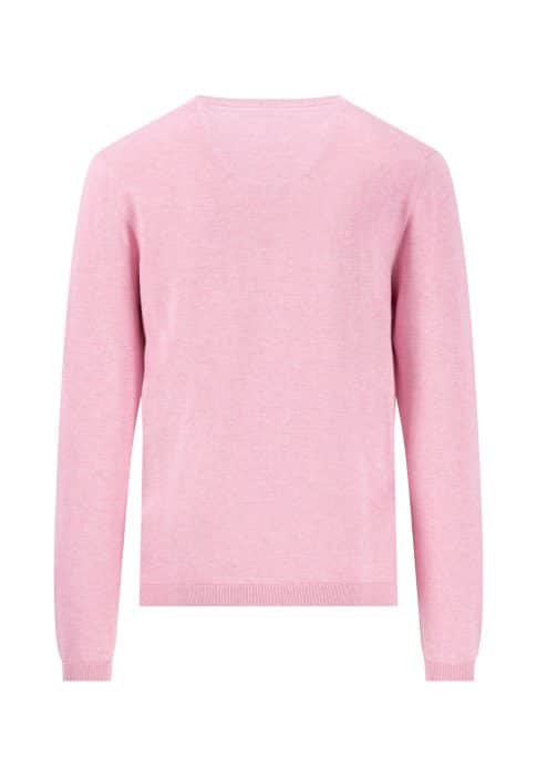 A plain pink long-sleeve sweater with a crew neckline is displayed from the back. The sweater has a simple design with ribbed cuffs and hem, made from lightweight fabric.