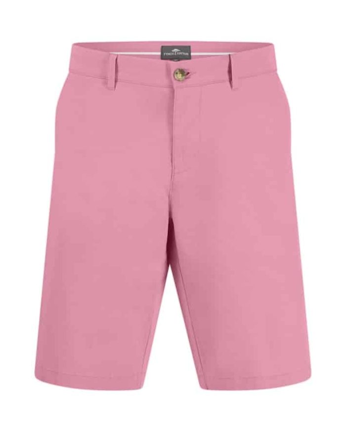 Pink knee-length shorts with a single button and zipper closure. The fabric appears smooth, and the waistband has belt loops. Perfect for casual wear.