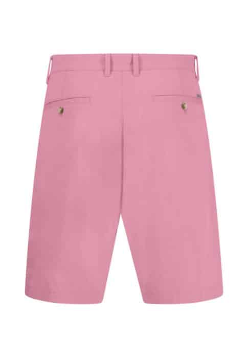 Back view of pink shorts featuring belt loops, two buttoned back pockets, and a tailored fit. The fabric appears smooth, and the design is simple yet stylish.