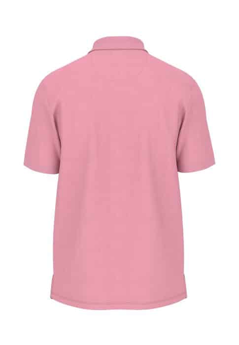 A pink short-sleeved polo shirt viewed from the back. The shirt has a classic collar and is plain without any visible logos or patterns.