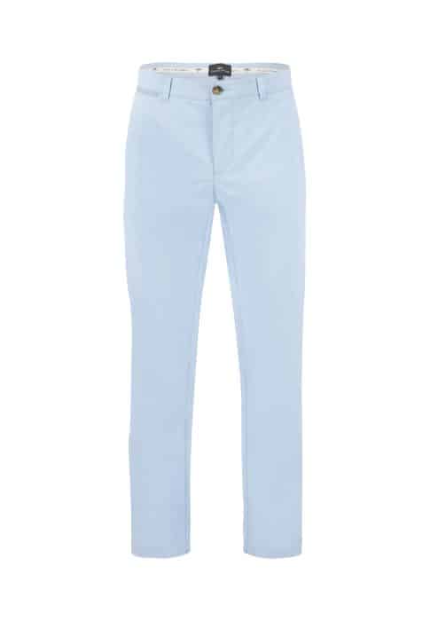 Light blue chino pants with a slim fit are displayed against a white background. The pants have a button and zipper closure, side pockets, and belt loops.