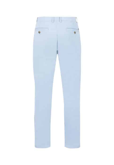 Light blue dress pants viewed from the back, featuring belt loops and two back pockets with button details. The fabric appears smooth and tailored. The design is classic and minimalist.