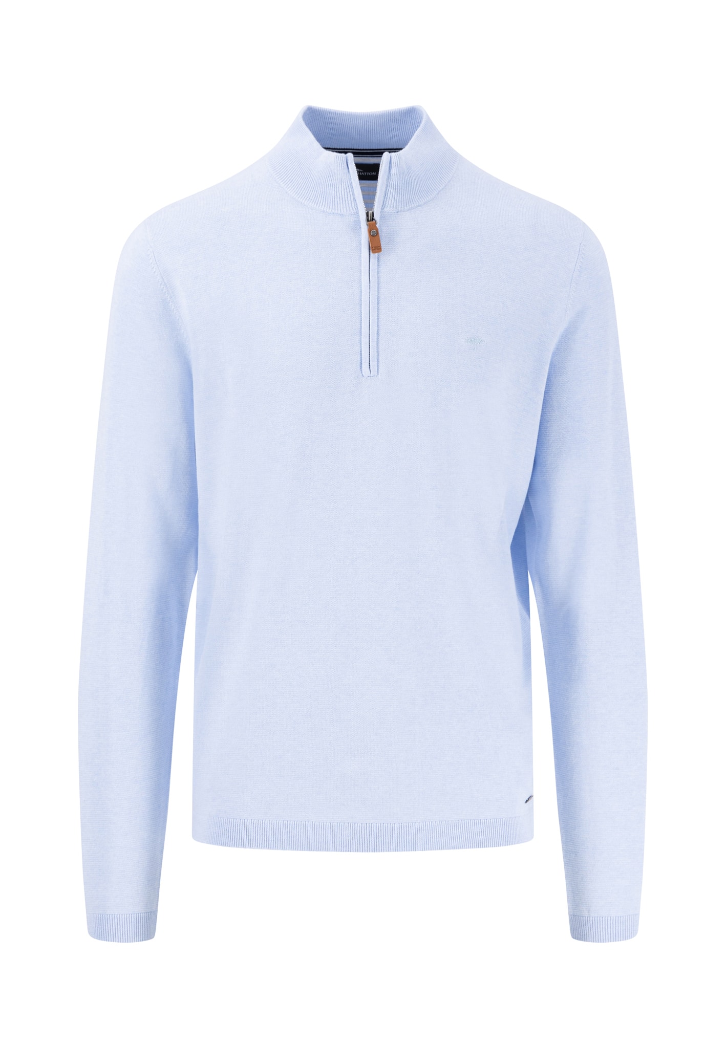 A light blue long-sleeve sweater with a half-zip design and a small brown zipper pull. The sweater features ribbed cuffs and hem, and a subtle logo on the left chest area.