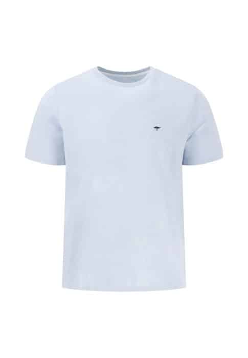 Light blue crew neck t-shirt with a small dark logo embroidered on the left chest.