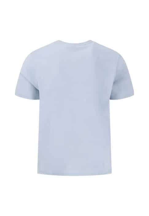 A plain, light blue T-shirt with short sleeves and a round neckline, displayed from the back.