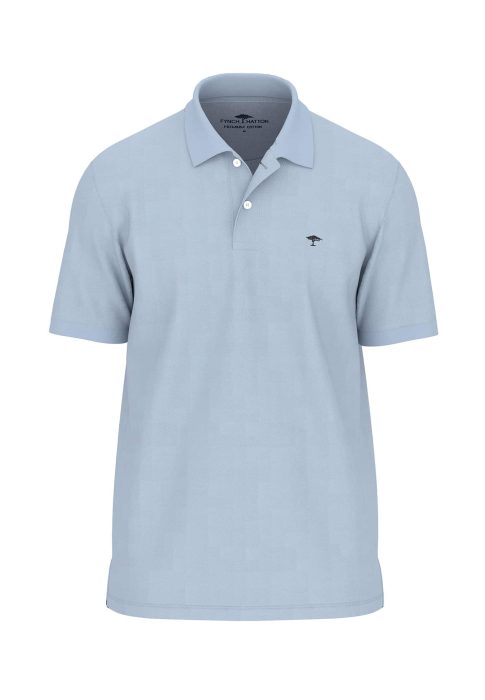 Light blue short-sleeve polo shirt with a small embroidered logo on the left chest. The shirt has a ribbed collar and two-button placket, set against a subtle checkered pattern fabric.