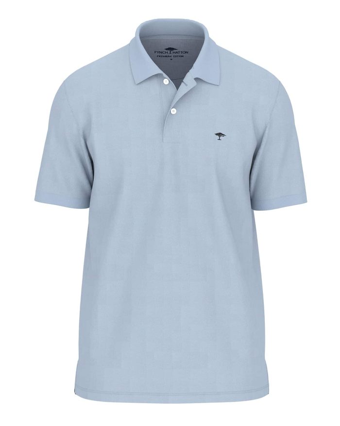 Light blue short-sleeve polo shirt with a small embroidered logo on the left chest. The shirt has a ribbed collar and two-button placket, set against a subtle checkered pattern fabric.