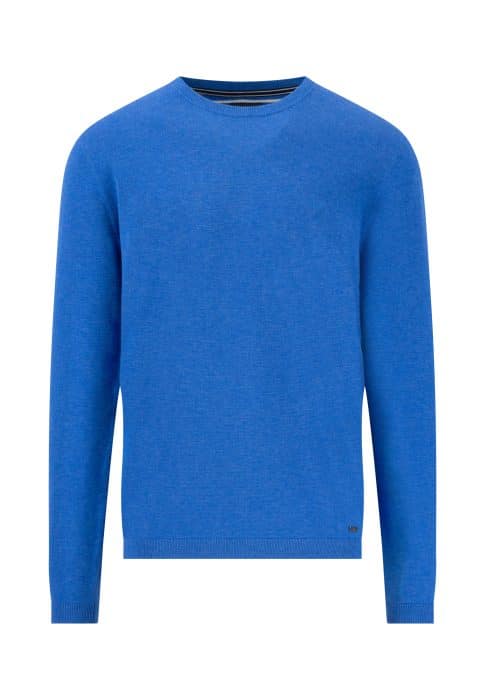 A plain, long-sleeved blue sweater with a crew neckline and ribbed cuffs and hem. The fabric appears soft with a subtle texture.