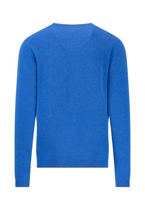 A bright blue long-sleeve crew-neck sweater is shown from the back. The sweater is plain with no visible patterns or designs.