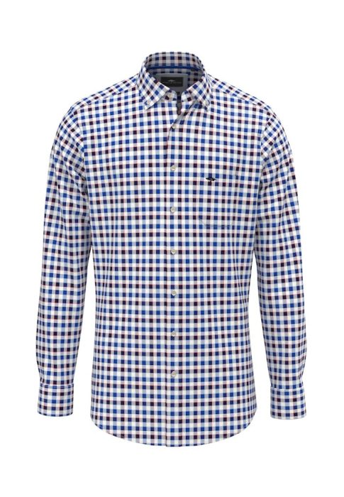 A long-sleeved, button-up shirt with a blue, navy, and white checkered pattern. It features a collared neckline and a small chest pocket on the left side.