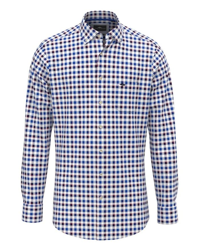 A long-sleeved, button-up shirt with a blue, navy, and white checkered pattern. It features a collared neckline and a small chest pocket on the left side.