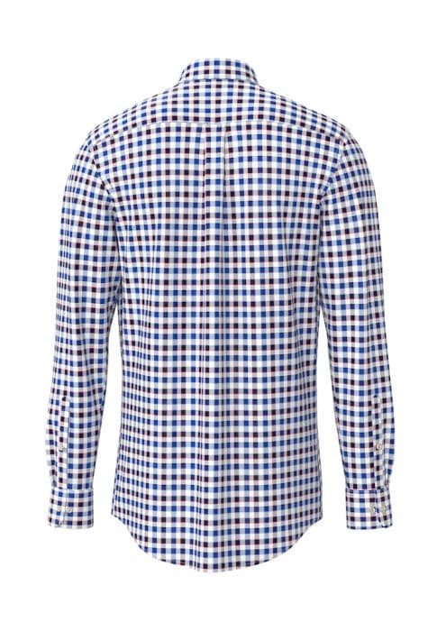 Back view of a long-sleeve button-up shirt featuring a blue, black, and white checkered pattern. The shirt has a classic collar and buttoned cuffs.