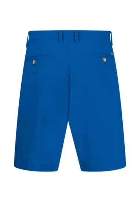 Back view of bright blue mens shorts featuring belt loops, two back pockets with button closures, and a simple design.