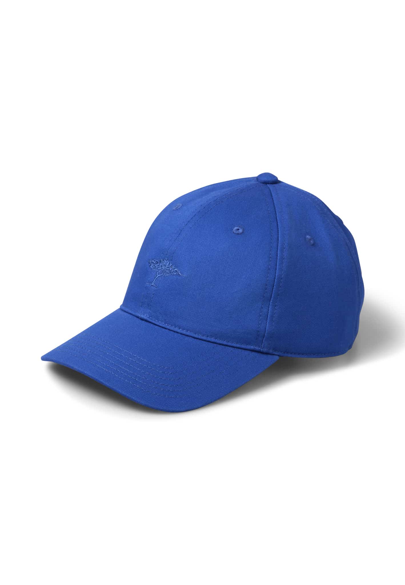 Blue baseball cap with a slight curve in the brim and an embroidered design on the front. The cap has a button on top and standard seam lines, set against a plain white background.