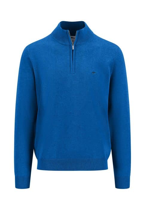 A blue long-sleeve pullover sweater featuring a half-zip design and a subtle embroidered logo on the left chest. The sweater has ribbed cuffs and hem.