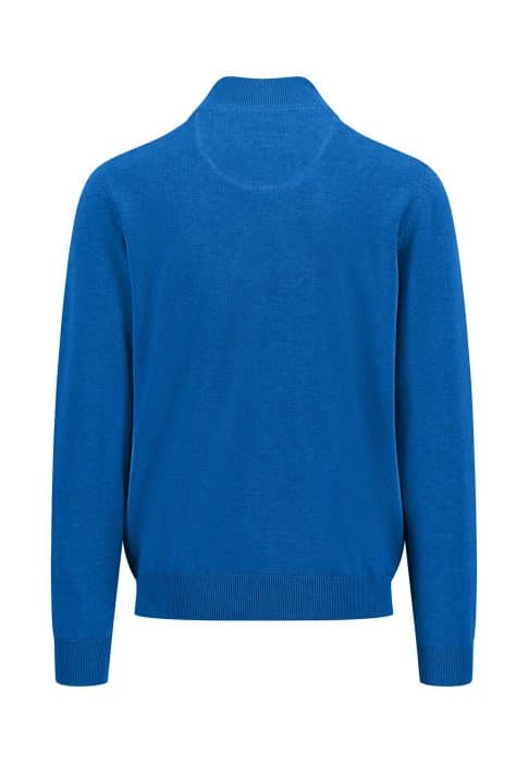 A bright blue cardigan with a high collar, long sleeves, and a ribbed hem and cuffs. The back view highlights its seamless design.