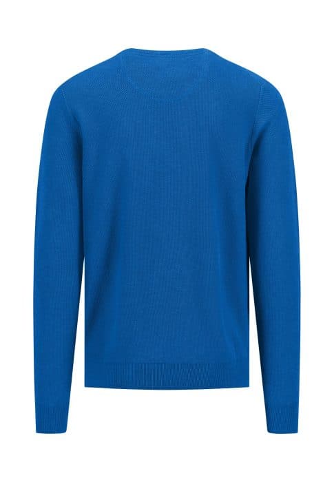 A plain royal blue long-sleeve sweater is displayed against a white background. The sweater is shown from the back, showcasing its simple design and ribbed cuffs and hem.