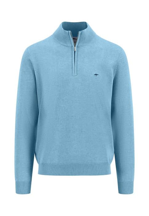 Light blue quarter-zip sweater with a small embroidered logo on the chest. The sweater has a ribbed hem and cuffs, and the zipper is partially down, showing the collar detail.