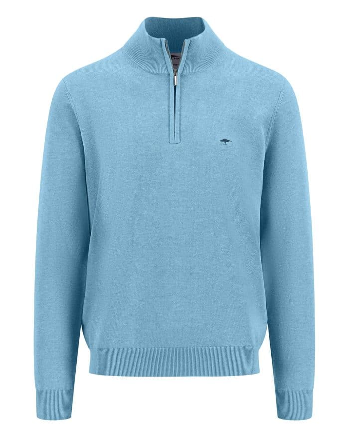 Light blue quarter-zip sweater with a small embroidered logo on the chest. The sweater has a ribbed hem and cuffs, and the zipper is partially down, showing the collar detail.