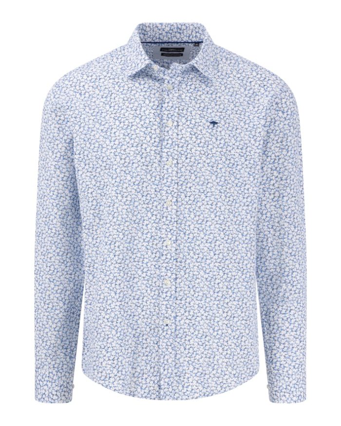 Mens fitted long-sleeve shirt with a light blue floral pattern on a white background. The shirt has a pointed collar and buttons down the front. A subtle embroidered logo is visible on the chest.