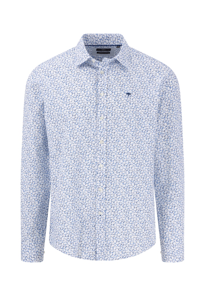 Mens fitted long-sleeve shirt with a light blue floral pattern on a white background. The shirt has a pointed collar and buttons down the front. A subtle embroidered logo is visible on the chest.