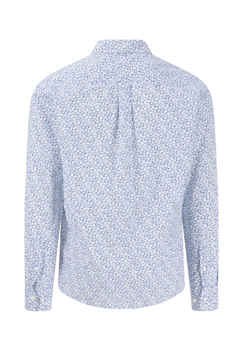 Back view of a long-sleeved shirt with a small blue floral pattern on a white background. The shirt has a classic collar and buttons on the cuffs.