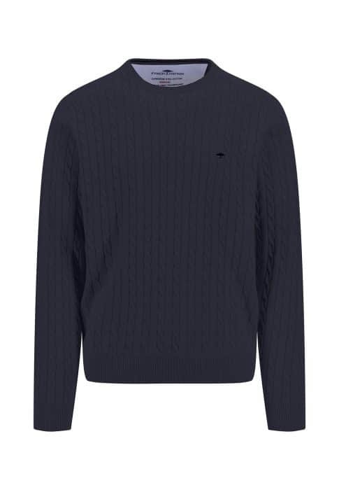 Dark blue cable knit sweater with long sleeves and a round neckline, displayed on a plain white background. The sweater features a small embroidered logo on the upper left chest area.