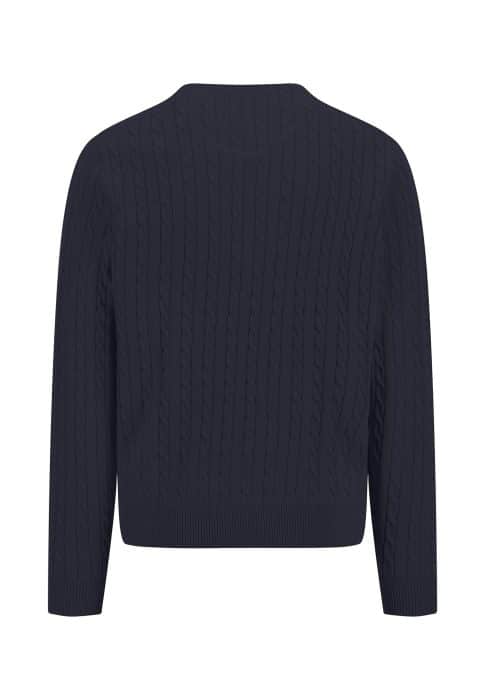 A dark sweater with a cable-knit pattern displayed against a plain, white background. The sweater has long sleeves and a round neckline.