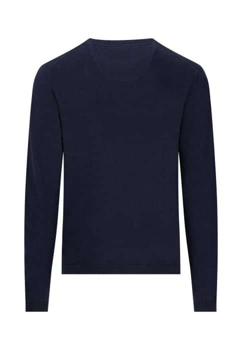 A dark navy blue long-sleeve sweater, shown from the back, on a plain white background. The sweater has a simple design with a round neckline and ribbed cuffs and hem.