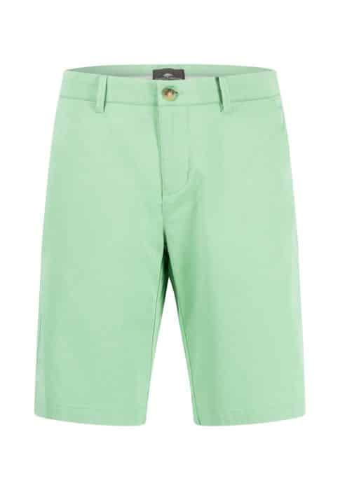 Light green mens shorts with belt loops, a button, and zip closure. The shorts are knee-length, made of a smooth fabric, and have a clean, simple design.